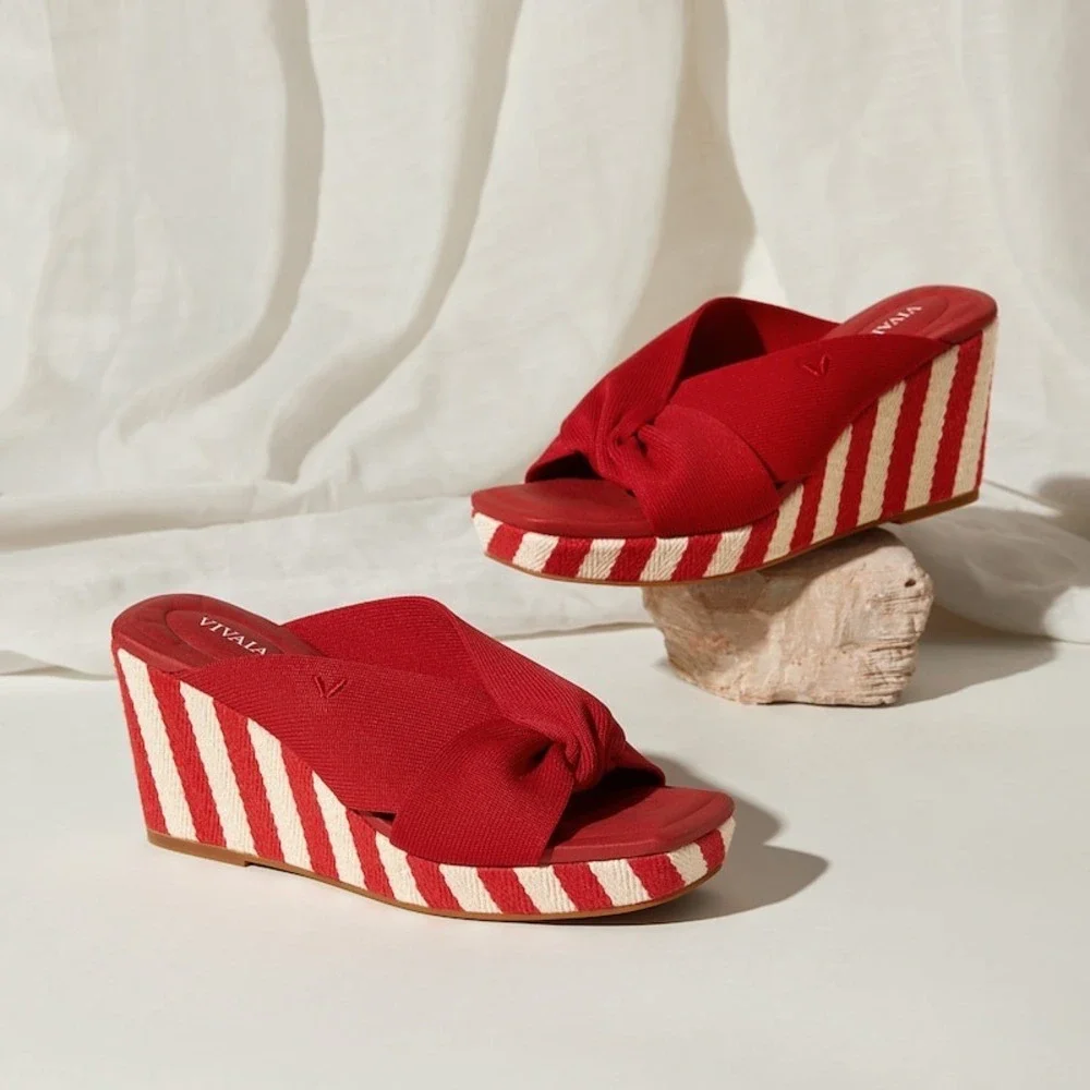 Vivaia‎ Red & White Striped Knot Wedge Platform Sandals Slides EU/39.5 US/8.5
